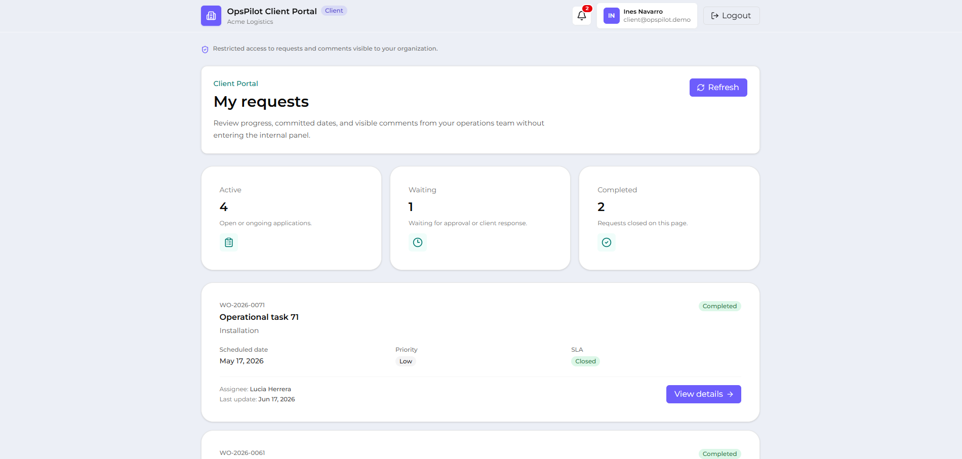 OpsPilot client portal preview